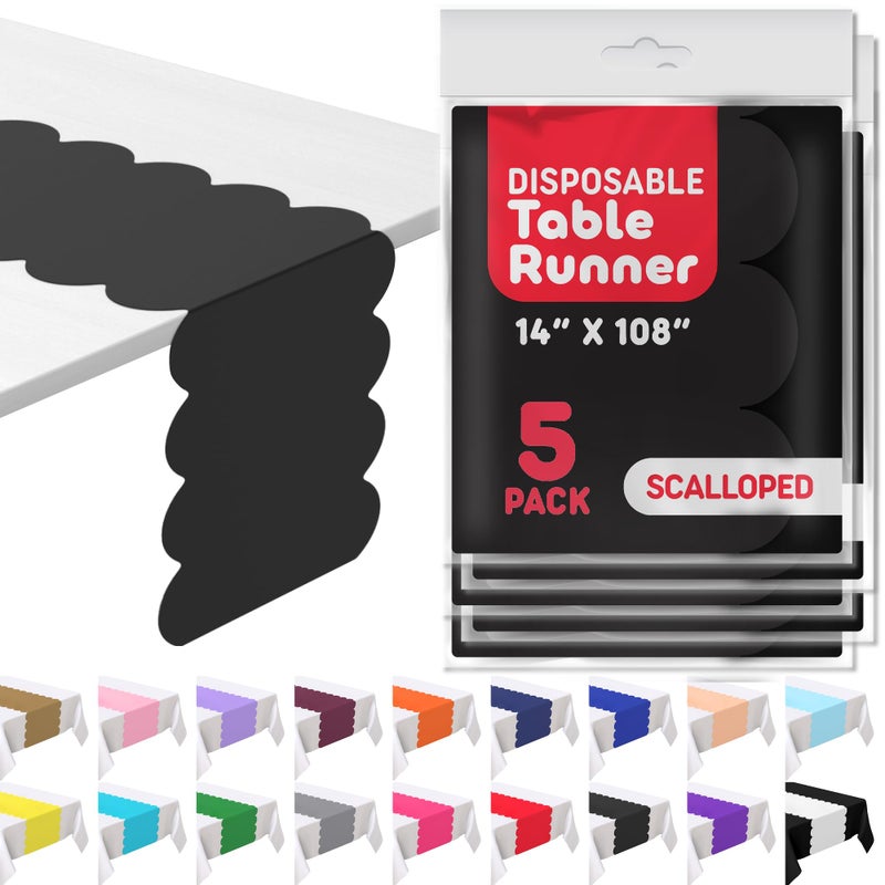 Swanoo Black Disposable Plastic Table Runner. 5 Pack 14 x 108 inch. Scallop Table Runner Adds A Pop of Color to Your Party Table, by Swanoo - Image 1